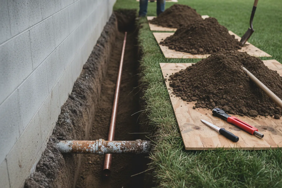 Excavated water line trench during Sewer Line Repair in Sharon Hill